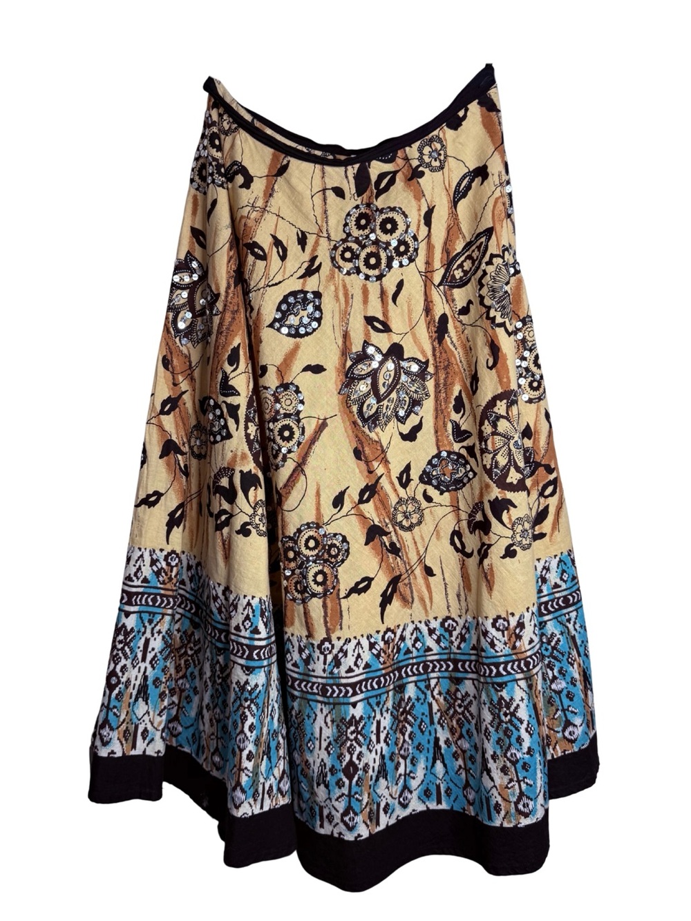 Vintage Bohemian Floral Midi Skirt in Beige and Turquoise